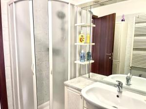 Un baño con lavabo y ducha con espejo. en Appartamento Spigola vista Laguna, en Grado