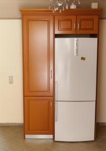 a white refrigerator next to a wooden cabinet at Efi's house in Análipsis +7 photos
