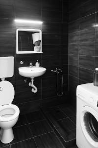 a black bathroom with a toilet and a sink at Apartman Ulcinj in Ulcinj