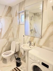 a bathroom with a toilet sink and a washing machine at IsTh Wave House in Vadu +40 photos