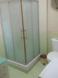 a glass shower in a bathroom with a toilet at Ofellows - Kristal Center in Tirana +17 photos