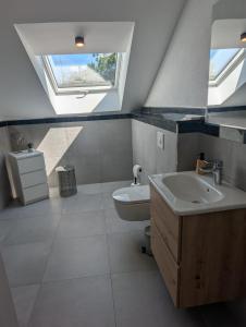 un bagno con lavandino, water e finestra di Ferienwohnung Sophia a Herbstein
