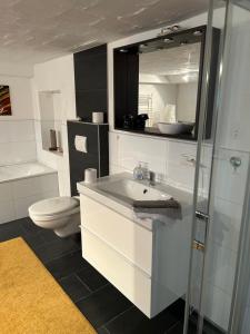 a bathroom with a sink and a toilet at Ruhige 1 Zimmerwohnung Souterrain in Bortfeld +26 photos