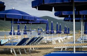 a bunch of chairs and umbrellas on a beach at The Beach Camping Village in Marina di Carrara