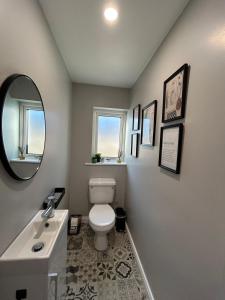 a bathroom with a toilet and a sink and a mirror at Number20 in Castleblayney