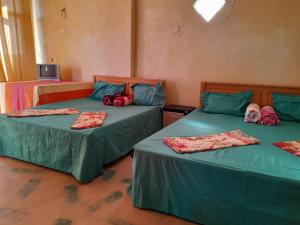 1 Schlafzimmer mit 2 Betten mit grüner Bettwäsche und rosa Kissen in der Unterkunft Nipuni sky Holidays in Nuwara Eliya