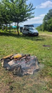 a car parked next to a rock in the grass at geo campers lilu in Kutaisi
