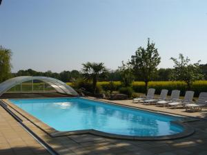 a swimming pool with lounge chairs and a swimming poolvisor at La Petite Richerie in Nouans-les-Fontaines