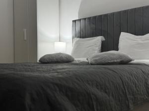 a bed with two pillows and a lamp on it at Danuvia Studio in Drobeta-Turnu Severin