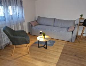 Una sala de estar con un sofá, una mesa y una silla. en Apartmani i sobe PARK, en Apatin