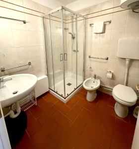 a bathroom with a shower and a toilet and a sink at Top Residence Bilocale Abete in Passo del Tonale