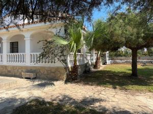 a white house with palm trees in front of it at Villa Portalmar in Benicarló