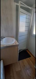 a bathroom with a white sink and a shower at Mobilhome in Ivry-la-Bataille