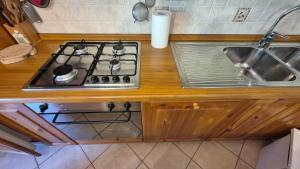 un bancone da cucina con fornelli e lavello di La casa di Paolino appartamento con 3 camere ad Auronzo di Cadore Altre 21 foto