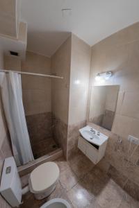 a bathroom with a toilet and a shower and a sink at Hotel Ramos Mejía in Mar del Plata +86 photos