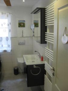 a bathroom with a sink and a toilet at Ferienwohnung Alte Schmiede in Herbolzheim +32 photos