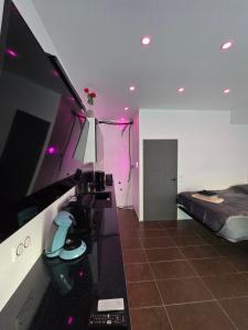 - un salon avec une télévision et un lit dans l'établissement LoVe 3, au Cap d'Agde