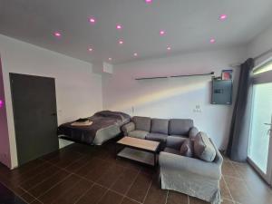a living room with a couch and a bed at LoVe 3 avec climatisation in Cap d'Agde +11 photos