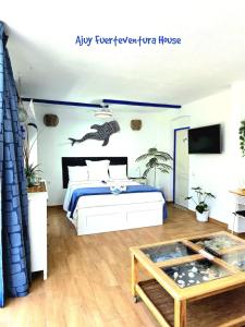 a bedroom with a king sized bed and a tv at Ajuy Fuerteventura House in Ajuy