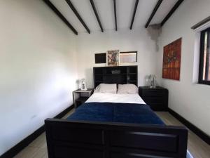 a bedroom with a large bed with a blue blanket at Casa de lujo wifi jacuzzi charcos parking in Barbosa +46 photos
