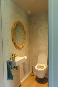 een badkamer met een toilet, een wastafel en een spiegel bij Gastenverblijf Beekweide - de Notenboom in Voorst