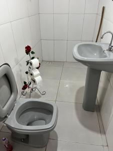 a bathroom with a toilet and a sink at Suíte Freitas Piri in Pirenópolis