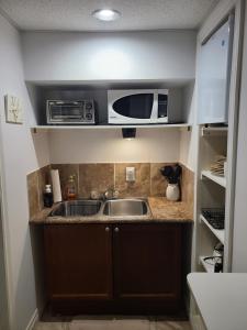 a kitchen with a sink and a microwave at Maya Bed and Breakfast in Port Perry