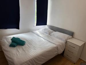 ロンドンにあるRahal Hotel Hackney Londonのベッドルーム1室(緑の枕付) +9枚の写真