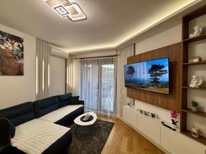a living room with a blue couch and a tv at Mount Inn Desetka in Zlatibor