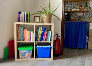 a book shelf filled with books and a potted plant at La casa Rosa in Piobesi dʼAlba