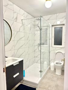 a bathroom with a shower and a toilet at Cobh Comfort by the Sea in Cobh