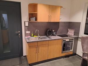a small kitchen with a sink and a stove at FeWo Müller in Simmersfeld