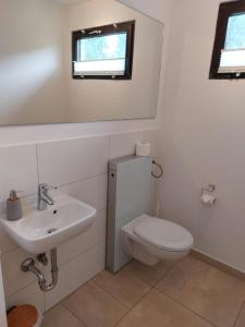 a bathroom with a white toilet and a sink at Ferienwohnung Lissi in Ottobeuren