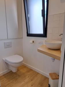a bathroom with a white toilet and a sink at Les terrasses de Condate - Rennes canal St Martin in Rennes +5 photos