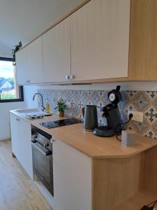 a kitchen with white cabinets and a wooden counter top at Les terrasses de Condate - Rennes canal St Martin in Rennes