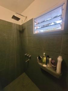 ein Bad mit einer grünen, gefliesten Dusche und einem Fenster in der Unterkunft Casa en Mar de Ajò, barrio San Rafael in Mar de Ajó