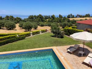 a swimming pool in a yard with an umbrella at Villa Elpida in Kriopigi