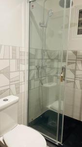 a bathroom with a toilet and a glass shower at Vénus #Love room# in Capesterre-Belle-Eau