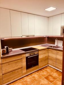 a kitchen with white cabinets and a stove top oven at Casa VillaFlamenca in Segovia