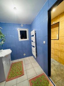 a blue tiled bathroom with a sink and a shower at Maison 3 Donasete T2 in Vieille-Brioude