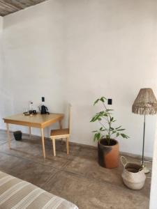 een slaapkamer met een tafel, een stoel en een plant bij Casa Nuestra Hotel Boutique y Experiencias para Compartir in Malinalco