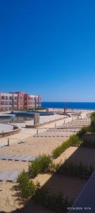 Marsa AlamOyster Bay Beach Suites k5-11的海滩上设有长椅,海面背景