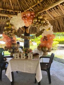 a table with a bunch of balloons on it at Los Potrillos in Mariquita