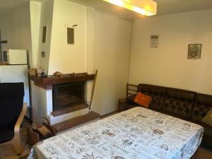 ein Wohnzimmer mit Couch und Kamin in der Unterkunft Maison de Vacances in Pradelles-Cabardès