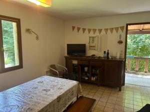 ein Schlafzimmer mit einem Bett und einem Schreibtisch mit einem Fernseher in der Unterkunft Maison de Vacances in Pradelles-Cabardès