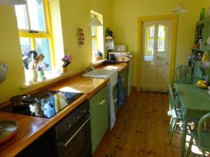a kitchen with green cabinets and a wooden floor at Manannan Cottage, Beara in Eyeries