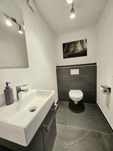 ein Badezimmer mit einem weißen Waschbecken und einer Toilette in der Unterkunft Ferienwohnung Flir in Jerzens