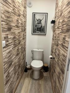 a bathroom with a toilet and a stone wall at L escale des dhuys in Soulaines-Dhuys