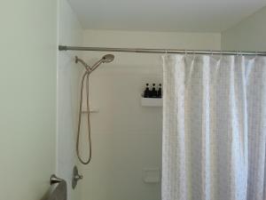a shower with a white shower curtain in a bathroom at King Bed Creekfront Retreat in Jacksonville in Jacksonville +50 photos