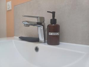 una bottiglia di collutorio seduta accanto al lavandino del bagno di Maison de ville cosy avec jardin, à 300 m de la plage & restaurants a Binic Altre 22 foto